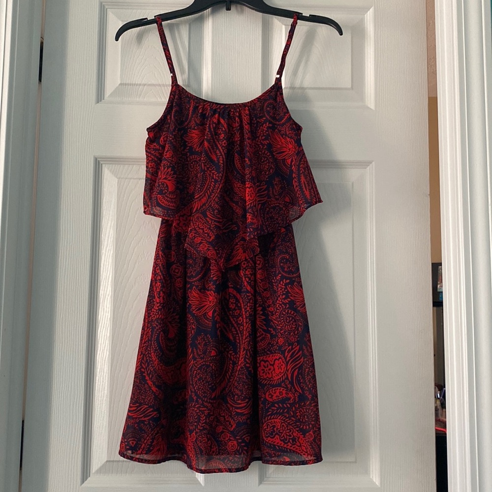 Boutique Red & Navy Handkerchief Print Flowy Double Layer Cinch Waist Dress